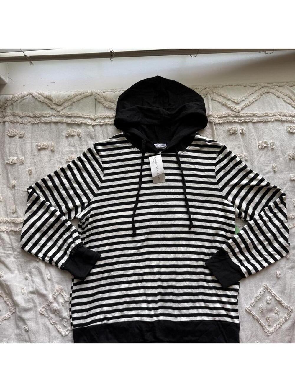 Notations Black White Striped Pullover Hoodie